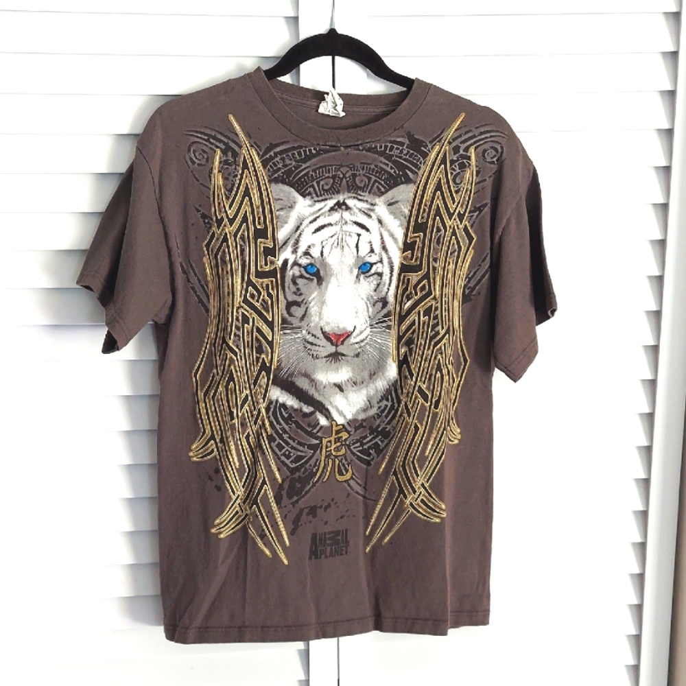 Animal Planet TShirt, Size M, White  Tiger Blue Eyes, Gray, Cotton, Short Sleeve